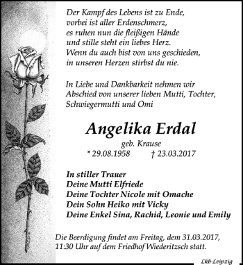 Traueranzeige von Angelika Erdal von Leipziger Volkszeitung