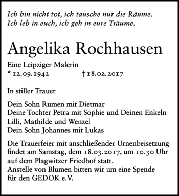 Traueranzeige von Angelika Rochhausen von Leipziger Volkszeitung