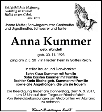 Traueranzeige von Anna Kummer von Torgauer Zeitung