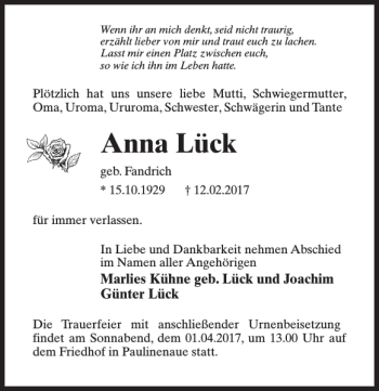 Traueranzeige von Anna Lück von MAZ-Trauer.de