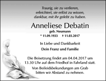 Traueranzeige von Anneliese Debatin von MAZ-Trauer.de