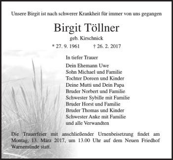 Traueranzeige von Birgit Töllner von Ostsee-Zeitung