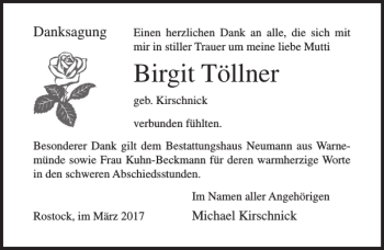 Traueranzeige von Birgit Töllner von Ostsee-Zeitung