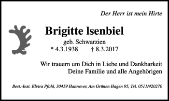 Traueranzeige von Brigitte Isenbiel von HAZ/NP