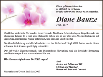 Traueranzeige von Diane Bautze von MAZ-Trauer.de