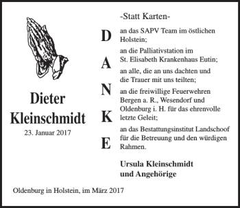 Traueranzeige von Dieter Kleinschmidt von Lübecker Nachrichten