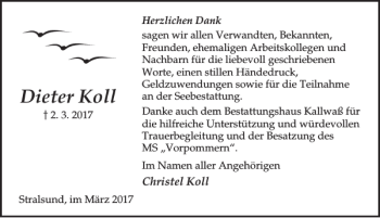 Traueranzeige von Dieter Koll von Ostsee-Zeitung