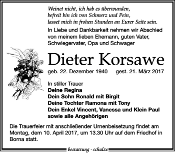 Traueranzeige von Dieter Korsawe von Leipziger Volkszeitung