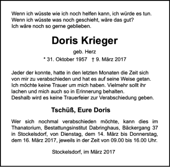 Traueranzeige von Doris Krieger von Lübecker Nachrichten