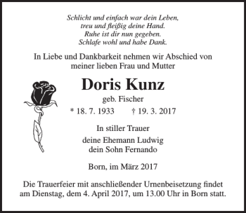 Traueranzeige von Doris Kunz von Ostsee-Zeitung