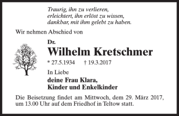 Traueranzeige von Dr. Wilhelm Kretschmer von MAZ-Trauer.de