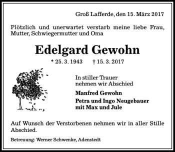Traueranzeige von Edelgard Gewohn von Peiner Allgemeine Zeitung