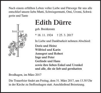 Traueranzeige von Edith Dürre von Ostsee-Zeitung