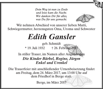 Traueranzeige von Edith Gansler von MAZ-Trauer.de