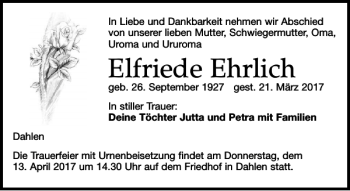 Traueranzeige von Elfriede Ehrlich von Leipziger Volkszeitung
