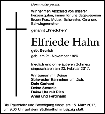 Traueranzeige von Elfriede Hahn von Leipziger Volkszeitung