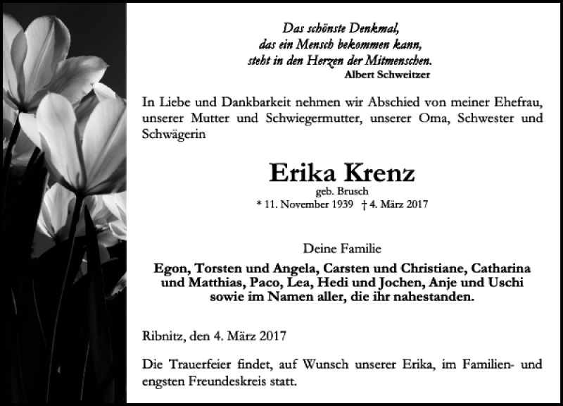  Traueranzeige für Erika Krenz vom 11.03.2017 aus Ostsee-Zeitung