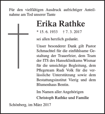 Traueranzeige von Erika Rathke von Ostsee-Zeitung