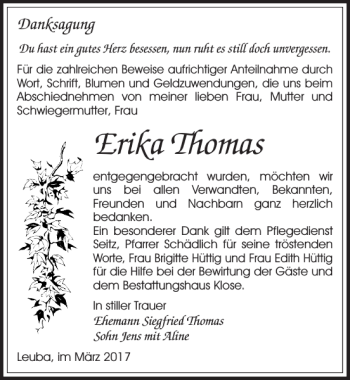 Traueranzeige von Erika Thomas von Sächsische Zeitung