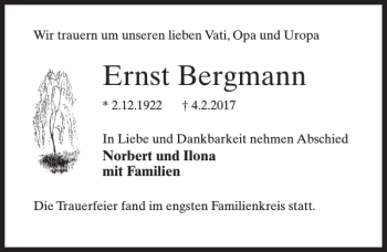 Traueranzeige von Ernst Bergmann von MAZ-Trauer.de