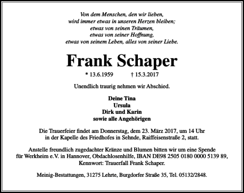  Traueranzeige für Frank Schaper vom 18.03.2017 aus HAZ/NP