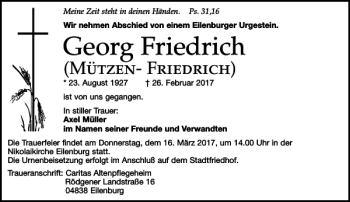 Traueranzeige von Georg Friedrich von Leipziger Volkszeitung