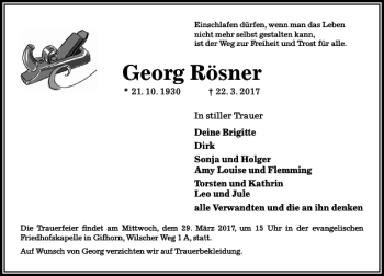 Traueranzeige von Georg Roesner von Aller Zeitung / Wolfsburger Allgemeine
