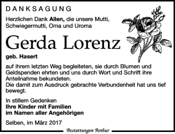 Traueranzeige von Gerda Lorenz von Leipziger Volkszeitung