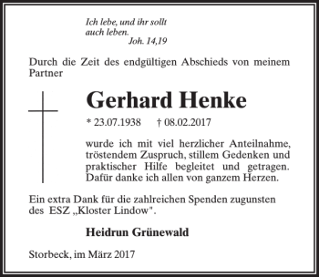 Traueranzeige von Gerhard Henke von MAZ-Trauer.de