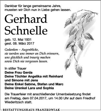 Traueranzeige von Gerhard Schnelle von Leipziger Volkszeitung