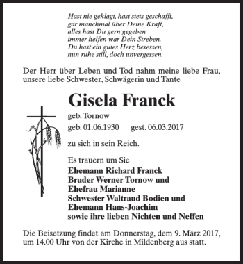 Traueranzeige von Gisela Franck von MAZ-Trauer.de