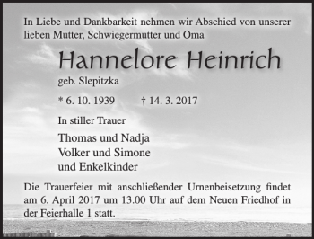 Traueranzeige von Hannelore Heinrich von Ostsee-Zeitung