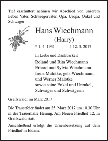 Traueranzeige von Hans Wiechmann von Ostsee-Zeitung