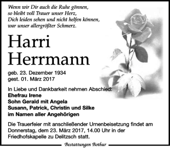 Traueranzeige von Harri Herrmann von Leipziger Volkszeitung