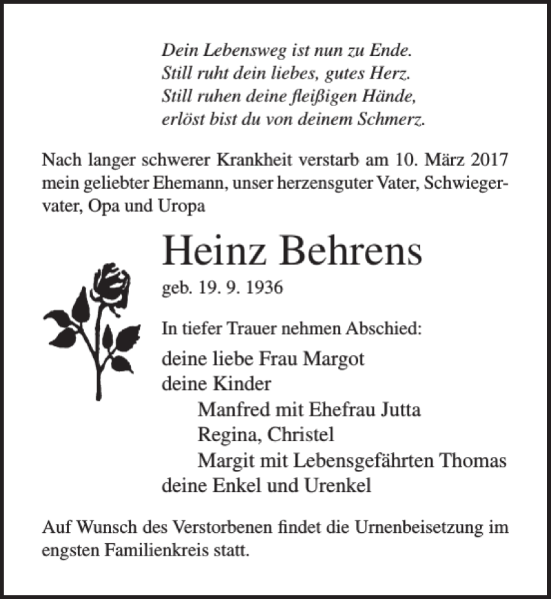  Traueranzeige für Heinz Behrens vom 18.03.2017 aus Ostsee-Zeitung