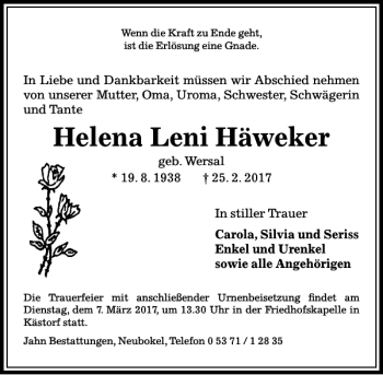 Traueranzeige von Helena 'Leni' Haeweker von Aller Zeitung / Wolfsburger Allgemeine