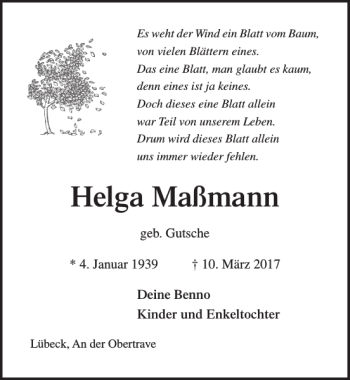 Traueranzeige von Helga Maßmann von Lübecker Nachrichten