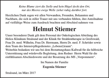 Traueranzeige von Helmut Stiemer von Ostsee-Zeitung