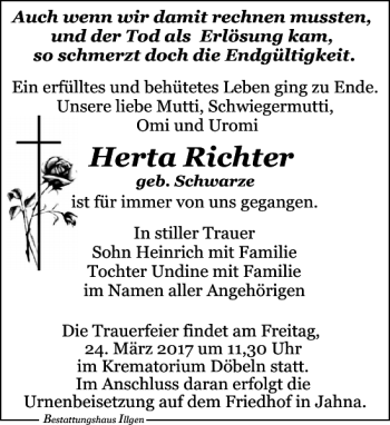 Traueranzeige von Herta Richter von Leipziger Volkszeitung