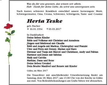 Traueranzeige von Herta Teske von MAZ-Trauer.de