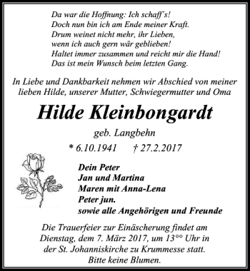 Traueranzeige von Hilde Kleinbongardt von Lübecker Nachrichten