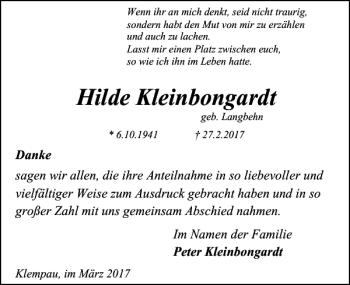 Traueranzeige von Hilde Kleinbongardt von Lübecker Nachrichten