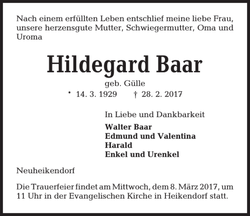  Traueranzeige für Hildegard Baar vom 04.03.2017 aus Kieler Nachrichten / Segeberger Zeitung