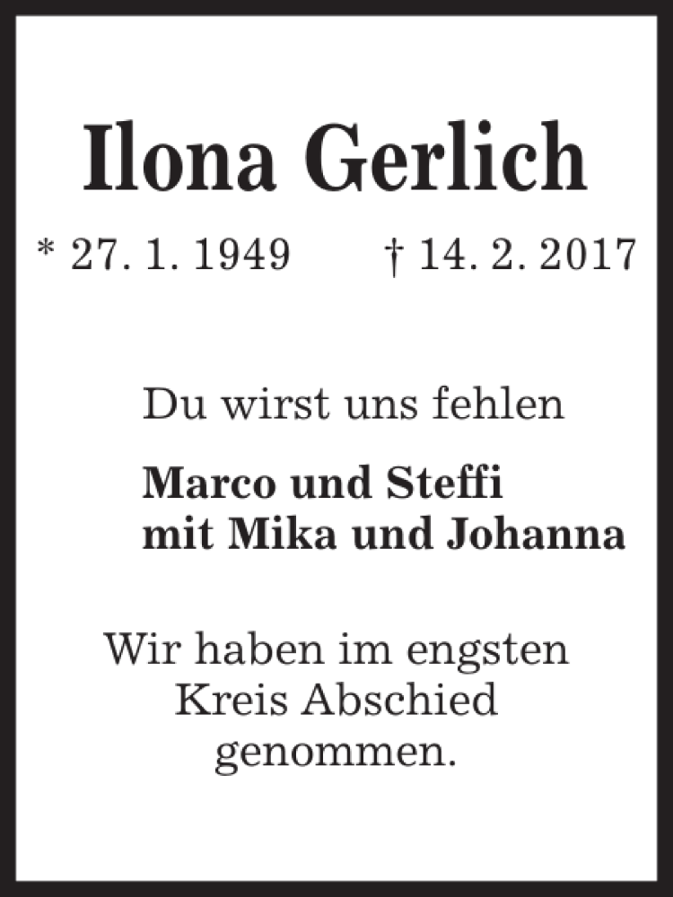  Traueranzeige für Ilona Gerlich vom 15.03.2017 aus Kieler Nachrichten / Segeberger Zeitung