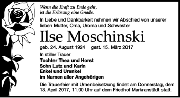 Traueranzeige von Ilse Moschinski von Leipziger Volkszeitung