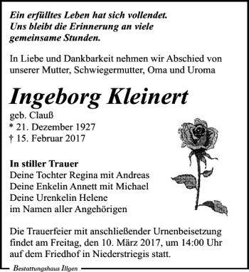 Traueranzeige von Ingeborg Kleinert von Leipziger Volkszeitung