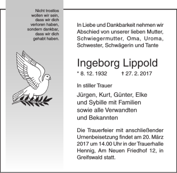 Traueranzeige von Ingeborg Lippold von Ostsee-Zeitung