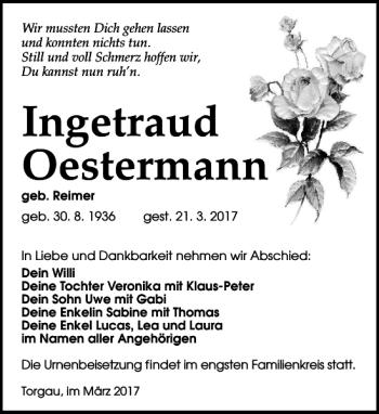 Traueranzeige von Ingetraud Oestermann von Torgauer Zeitung