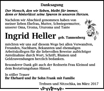 Traueranzeige von Ingrid Heller von Leipziger Volkszeitung