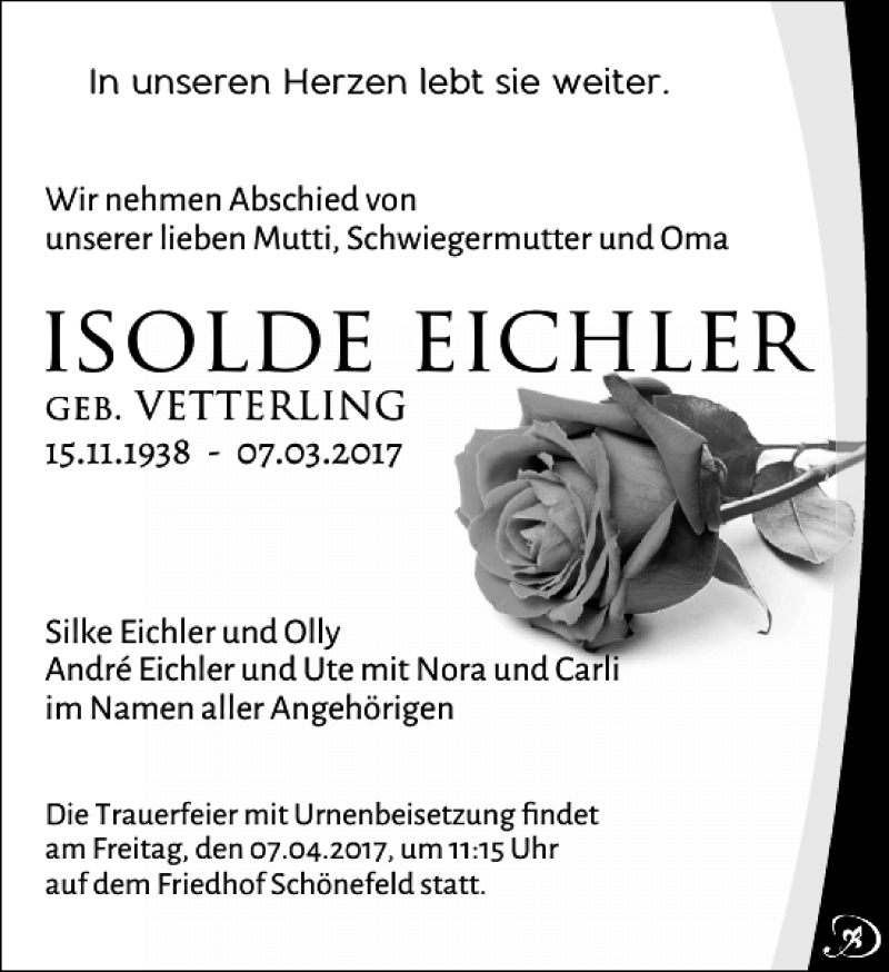  Traueranzeige für Isolde Eichler vom 18.03.2017 aus Leipziger Volkszeitung